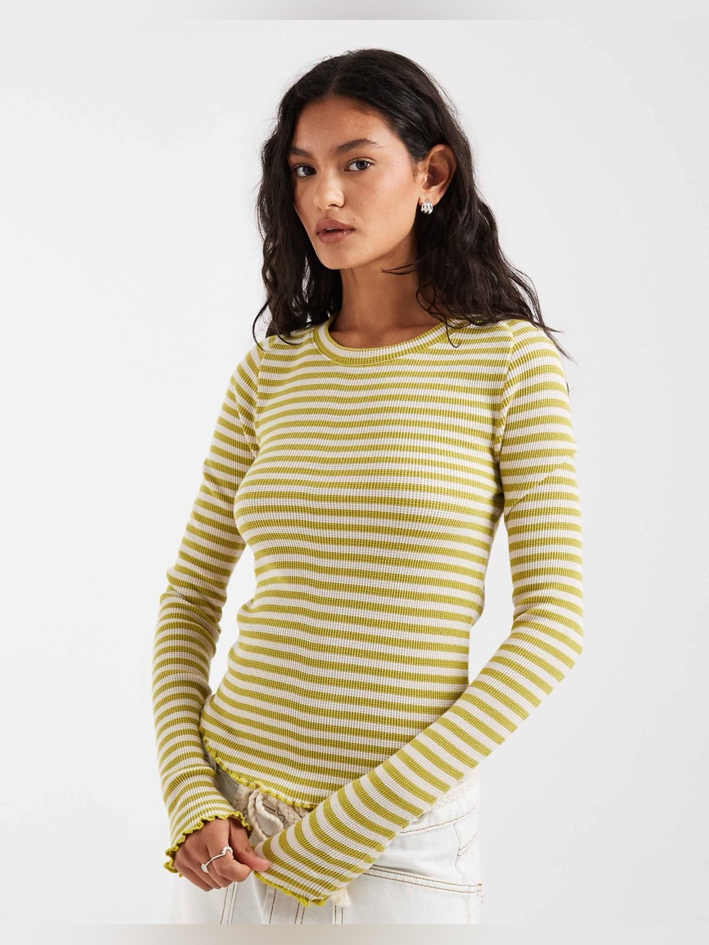 🆕 Free People Easy Does It Striped Long Sleeve T-shirt-Green Combo NWT SZ LG